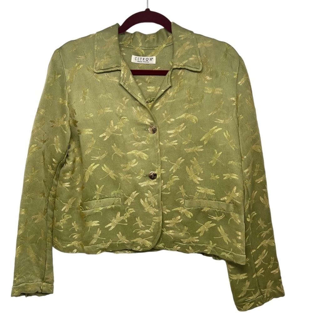 Citron Santa Monica Green Dragonfly Print Collared Button Front Jacket Medium - Picture 2 of 12